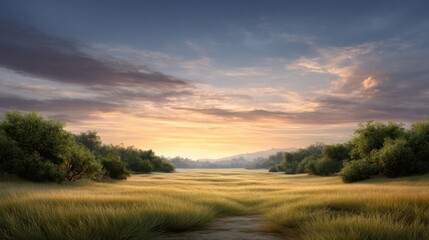 Obraz premium Serene Sunset Over Lush Green Field with Gentle Breeze and Soft Sky Glow, Nature's Tranquility Captured in Vibrant Colors and Peaceful Atmosphere