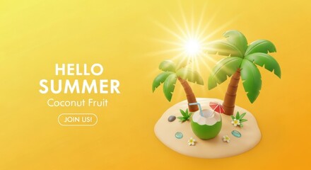 Fototapeta premium Vibrant summer tropical scene with coconut, palms, and sunny sky for seasonal promotions
