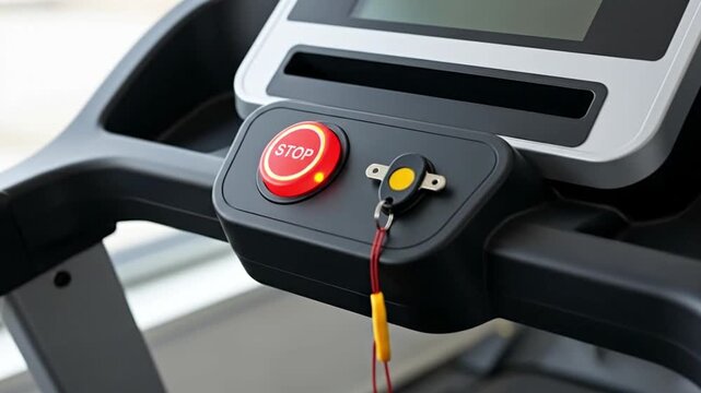 Close-up of treadmill control panel featuring a safety stop button.