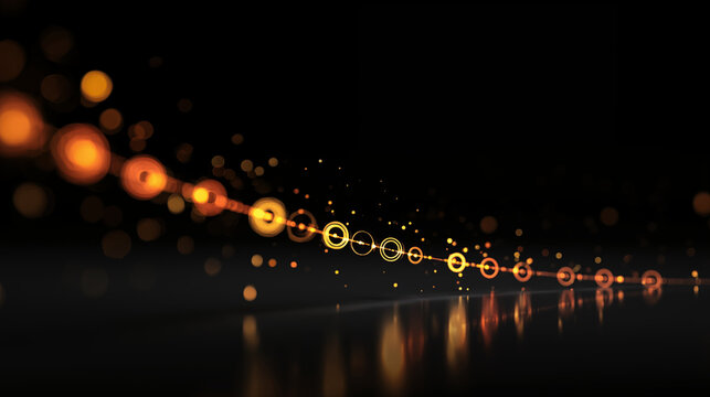 A futuristic stream of glowing golden data circles representing a digital network connection, an abstract concept for technology and IT
