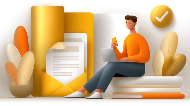 Person processing documents using laptop and mobile
