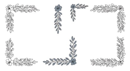 Obraz premium Elegant Floral Corner Ornaments - Delicate Botanical Illustrations on White Background.