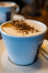 Tasty lactose free italian cappuccino coffee with whipped almond or coconut plant based milk