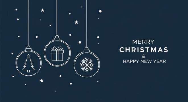 Merry christmas and happy new year greeting card with hanging ornaments on dark background