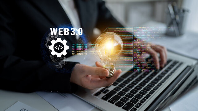 The concept of Web 3.0 development and decentralized data processing. The flow of binary code and information in the next generation internet. Motif