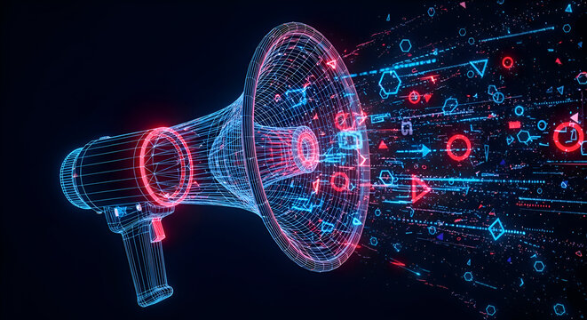 Futuristic Megaphone with Digital Communication Stream and Data Flow. - Powered by Adobe