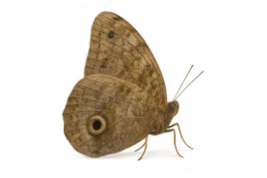 Brown wood nymph butterfly resting with folded wings and eyespot on transparent alpha channel background