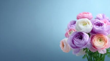 Fototapeta premium Beautiful arrangement of colorful ranunculus flowers in soft pastel shades against a blue background for floral design and decoration inspiration