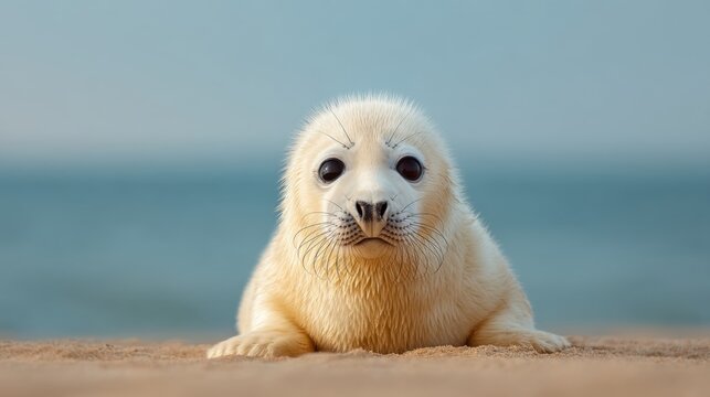 Cute baby seal resting on sandy beach with serene ocean waves in the background, capturing the innocence and beauty of wildlife in natural habitat