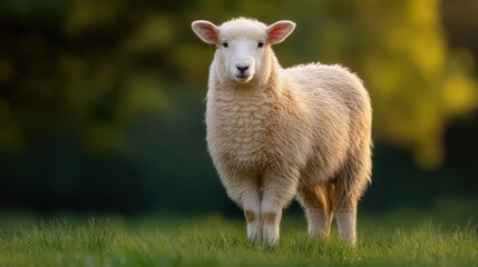 Obraz premium Adorable fluffy lamb standing in lush green grass against a blurred natural background in a serene pastoral setting during golden hour light