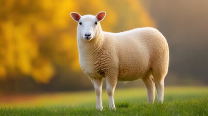 Obraz premium Majestic Sheep Standing Gracefully in a Lush Green Field Surrounded by Autumn Colors and Soft Morning Light Creating a Serene Nature Scene