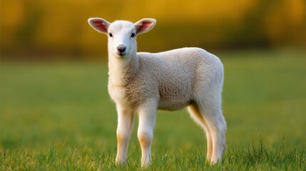 Fototapeta premium Adorable young lamb standing in a green field under a bright sky, showcasing its fluffy wool and curious expression, ideal for nature and farm themes