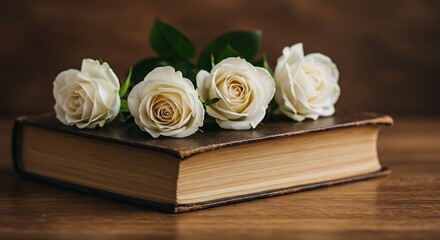 Four Delicate White Roses Adorning an Aged, Leather-Bound Book on a Wooden Surface.