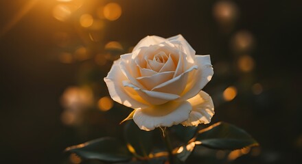 Golden Hour Glow Illuminates Delicate Cream Rose with Soft Bokeh Background.