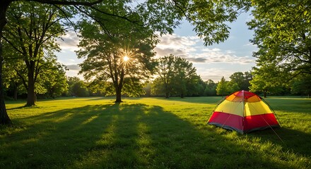 Golden Sunburst Over a Colorful Tent in a Serene, Shadow-Streaked Meadow.