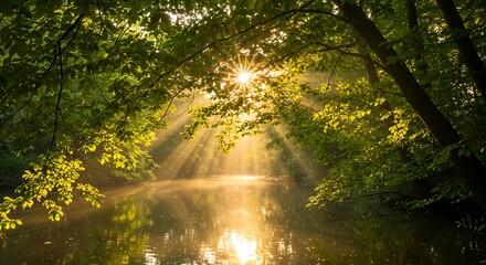 Golden Sunburst Through Forest Leaves, Casting Radiant Beams on a Calm, Misty River.