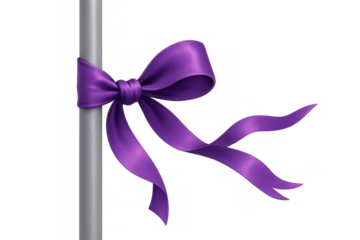 Purple silk bow tied around a grey pole, a festive decoration on transparent background for celebrations and gifts