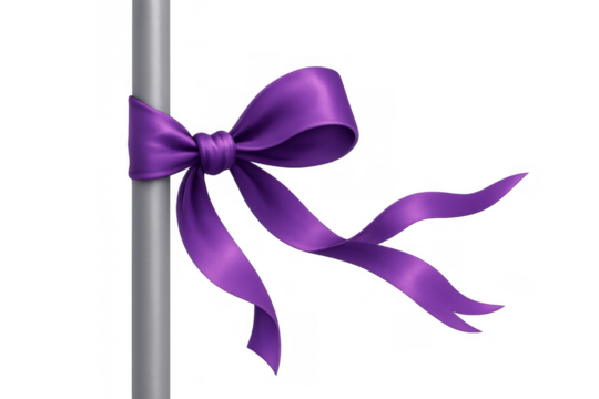 Purple silk bow tied around a grey pole, a festive decoration on transparent background for celebrations and gifts
