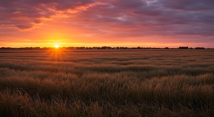 Golden Sunset Over Vast Harvested Wheat Field, Dramatic Sky with Fiery Hues.