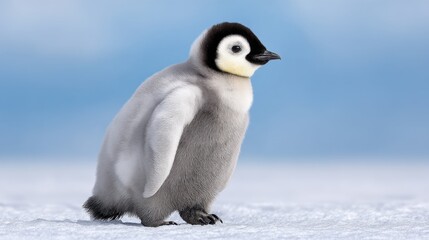 Adorable young penguin standing on icy landscape with soft fur, fluffy feathers, and curious expression against a serene blue background