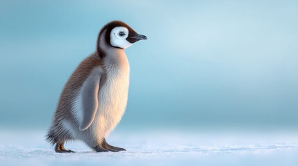 Fototapeta premium Adorable young penguin standing on icy surface in a serene winter landscape, showcasing soft feathers and a curious demeanor in an enchanting setting