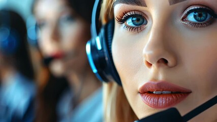 Support Representative: Captivating close-up of a support representative, headphones framing her focused gaze as she provides dedicated customer service.