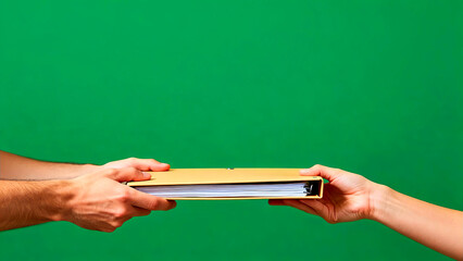 Hands exchanging a file folder against a vibrant green backdrop symbolizing document transfer and collaboration in business or education settings for efficient workflow and communication
