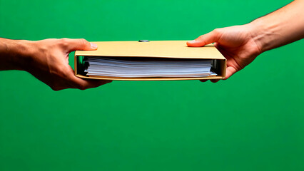 Hands exchanging a file folder with documents on a green screen background for business or legal concepts and paperwork transfer in a professional setting with copy space available
