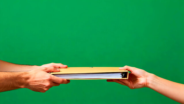 Hands exchanging a file folder against a vibrant green backdrop symbolizing document transfer and collaboration in business or education settings for efficient workflow and communication