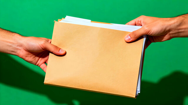 Hands exchanging a brown envelope filled with documents against a vibrant green backdrop symbolizing communication and transfer of information in a secure and confidential manner