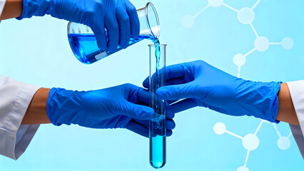 Scientist carefully pours blue liquid from a beaker into a test tube in a laboratory setting for scientific research and medical analysis with blue gloves and a white lab coat