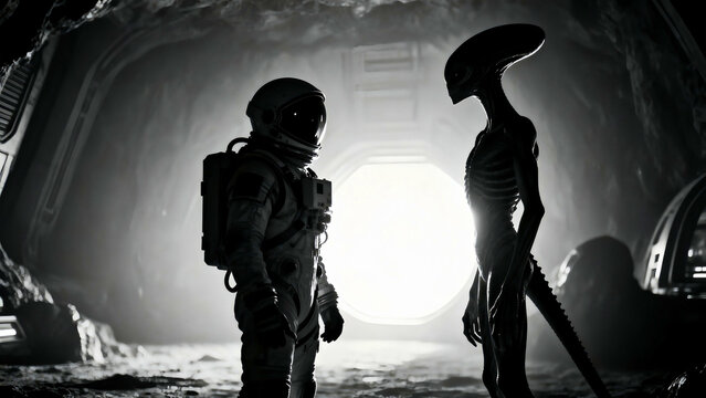 Astronaut encounters an alien being inside a spacecraft hangar with bright light shining through the doorway creating a stark contrast in this science fiction scene rendered in monochrome tones - Powered by Adobe