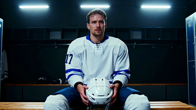 Exhausted hockey player sits in the locker room after a game holding his helmet wearing his jersey with the number seventeen after a tough match with sweat on his face and a determined look
