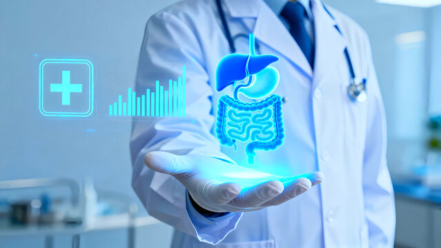 Doctor presents digital hologram of human digestive system with liver stomach and intestines for medical diagnosis and treatment planning in a modern hospital setting using advanced technology