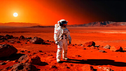 Astronaut explores the red planet Mars under a bright sun with a spacesuit and helmet on a rocky landscape during a space exploration mission on the surface of the red planet