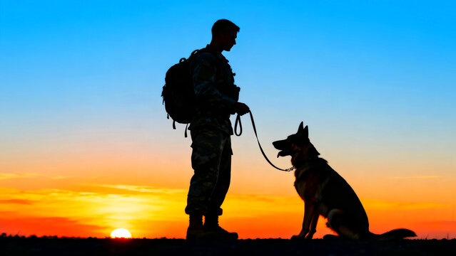 Silhouette of a soldier with a backpack and his German Shepherd dog standing against a vibrant sunset sky military service animal companionship loyalty training obedience bond friendship - Powered by Adobe
