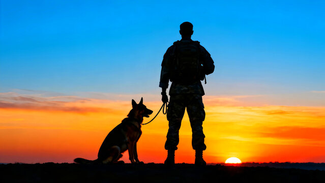 Silhouette of a soldier and his dog standing against a vibrant sunset sky showcasing military service and companionship with themes of loyalty dedication and the bond between humans and animals at dus