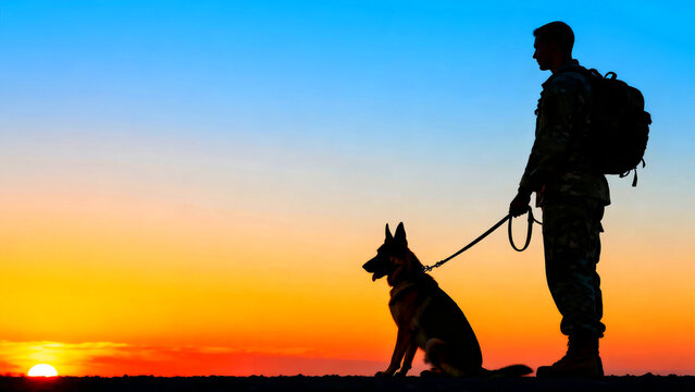 Silhouette of a soldier with a backpack and his German Shepherd dog standing against a vibrant sunset sky with orange and blue hues creating a peaceful yet powerful scene of companionship and service