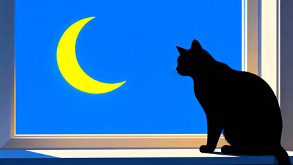Silhouette of a black cat sitting on a windowsill gazing at a bright yellow crescent moon against a vibrant blue night sky creating a peaceful and serene nocturnal scene in a minimalist style