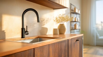 Modern kitchen interior featuring dark wooden cabinetry, copy space