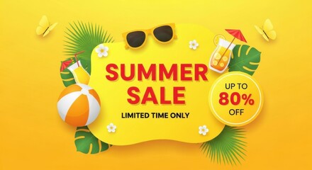Bright summer sale banner with tropical elements and up to 80 discount offer