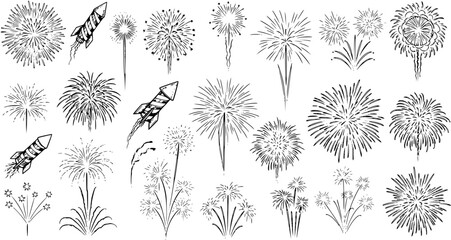 Hand-drawn Fireworks and Rockets Sketch Set. Doodle Collection of Festive Explosions, Firecrackers, and Ground Displays for Celebrations, New Year, Parties, and Events.