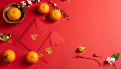Chinese New Year with red envelopes, gold coins and oranges on a red background