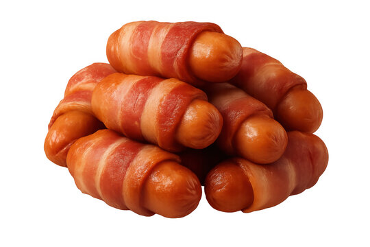 Cooked pork mini sausages wrapped in streaky bacon, creating classic appetizer bites. Transparent background