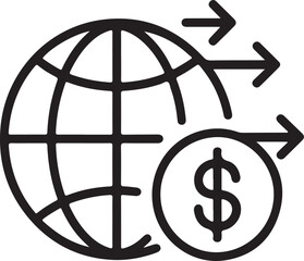Globe with dollar coin and outgoing arrows representing global finance and transactions