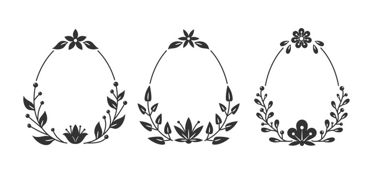 Three black white oval frames shaped like egg decorated by minimal stylized flowers, thin branches, delicate leaves. Linear floral design, clean outline, simple ornament, handdrawn spring elements