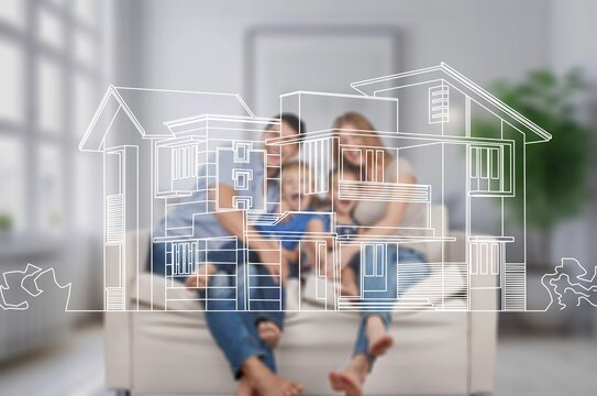 A happy young family with house interface