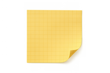 Yellow sticky blank memo note pad with grid lines featuring curled corner, transparent background
