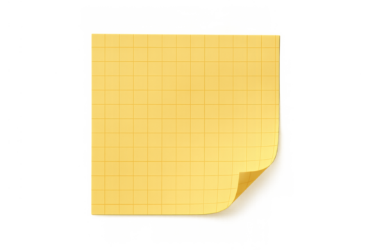 Yellow sticky blank memo note pad with grid lines featuring curled corner, transparent background