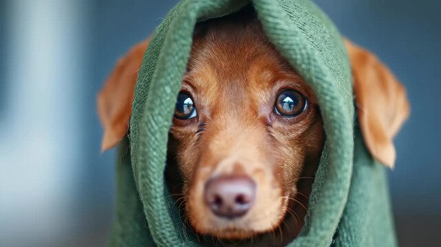 Cozy Pup: A small, adorable dog is swaddled in a soft green cloth, its big, expressive eyes looking directly at the camera, conveying warmth and comfort.